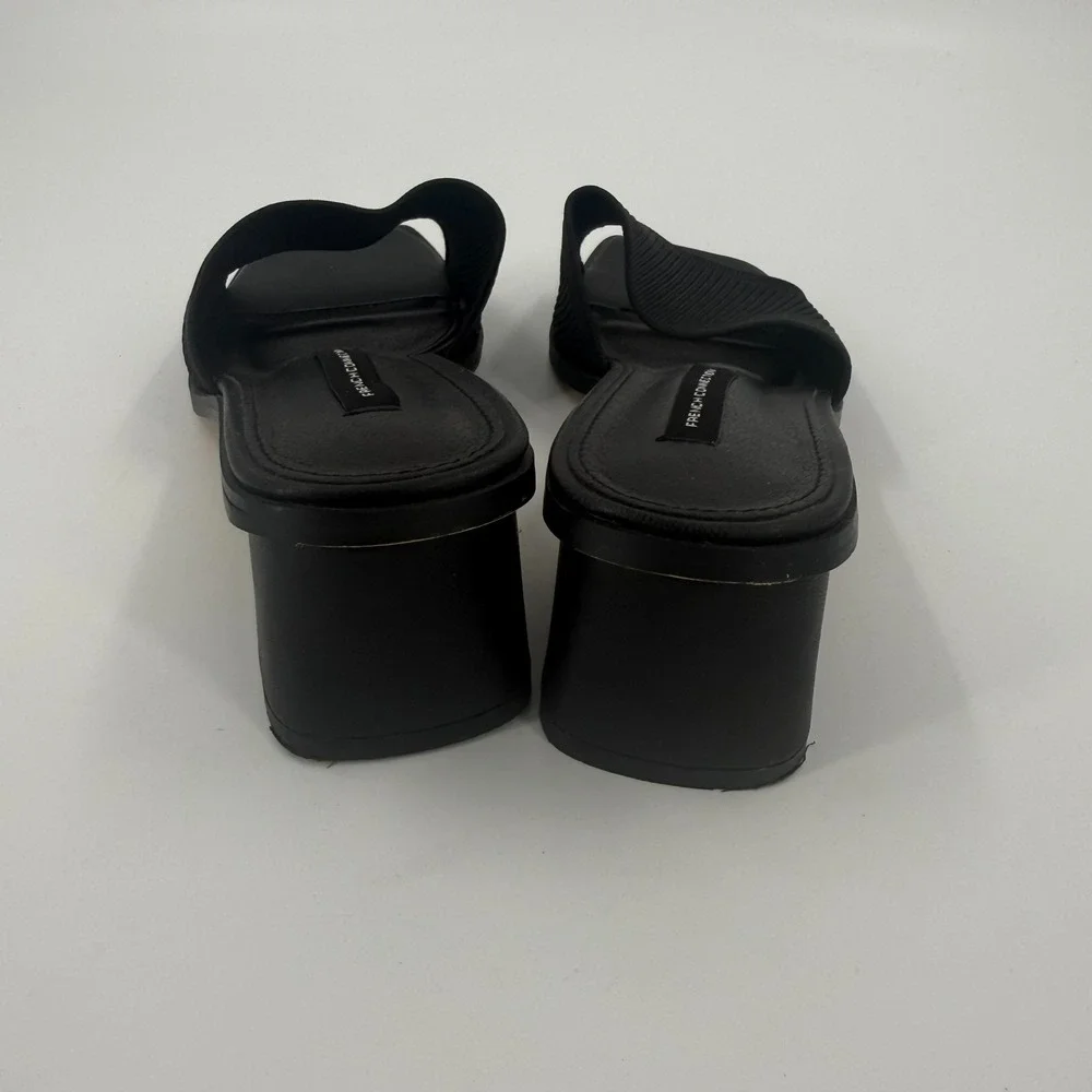 French Connection Slide Sandals Womens US 9 Black Upper Knit Open Toe Block Heel